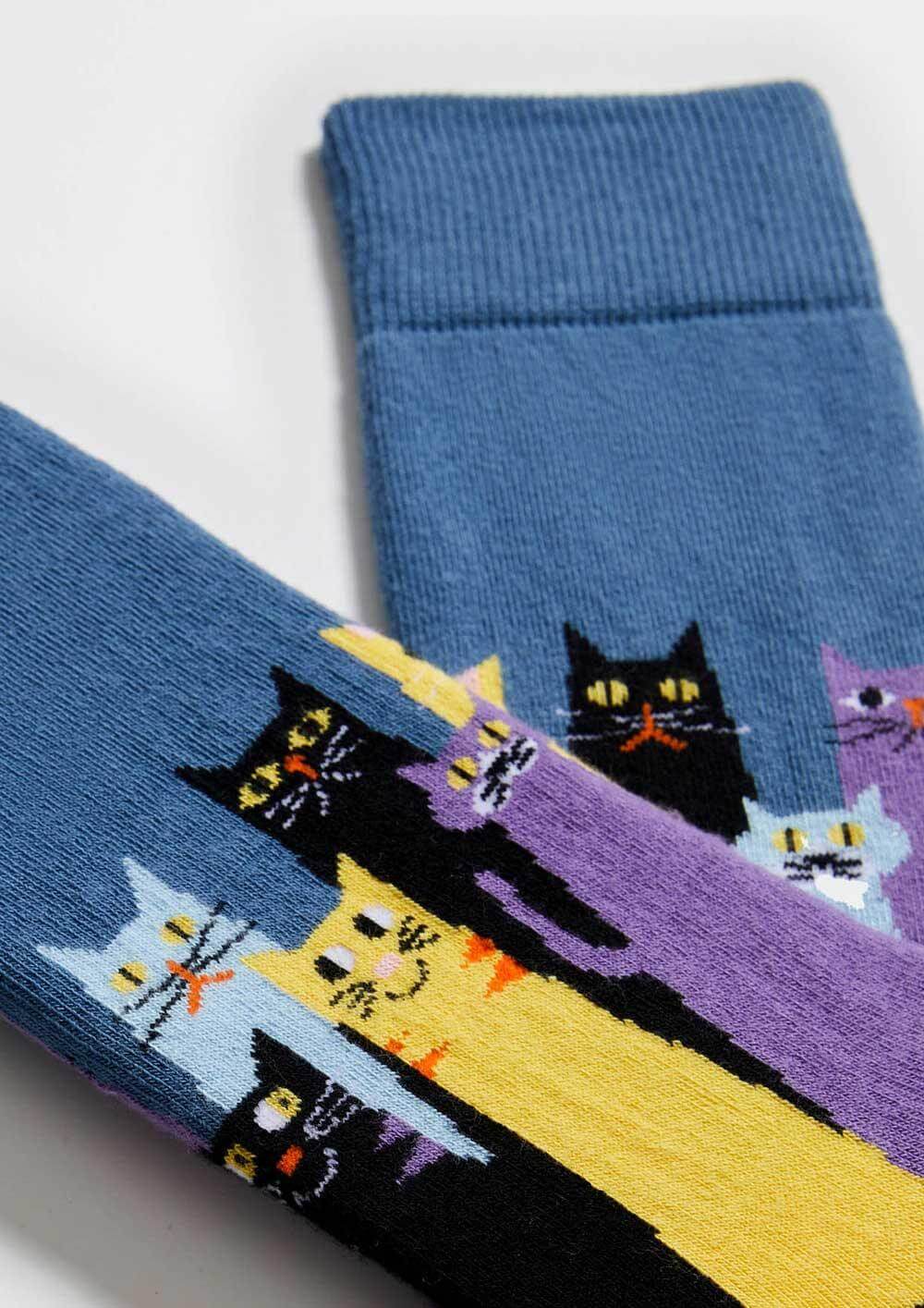 Cómo cuidar tus calcetines para que duren más tiempo, calcetines coloridos con gatos estampados.
