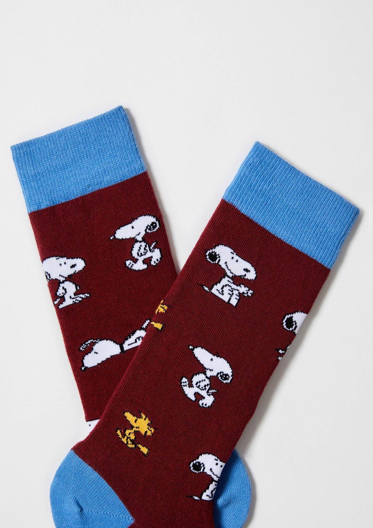 Calcetines BeSnoopy Burgundy en burdeos con dibujos de Snoopy y puño azul claro, diseño tobillo.