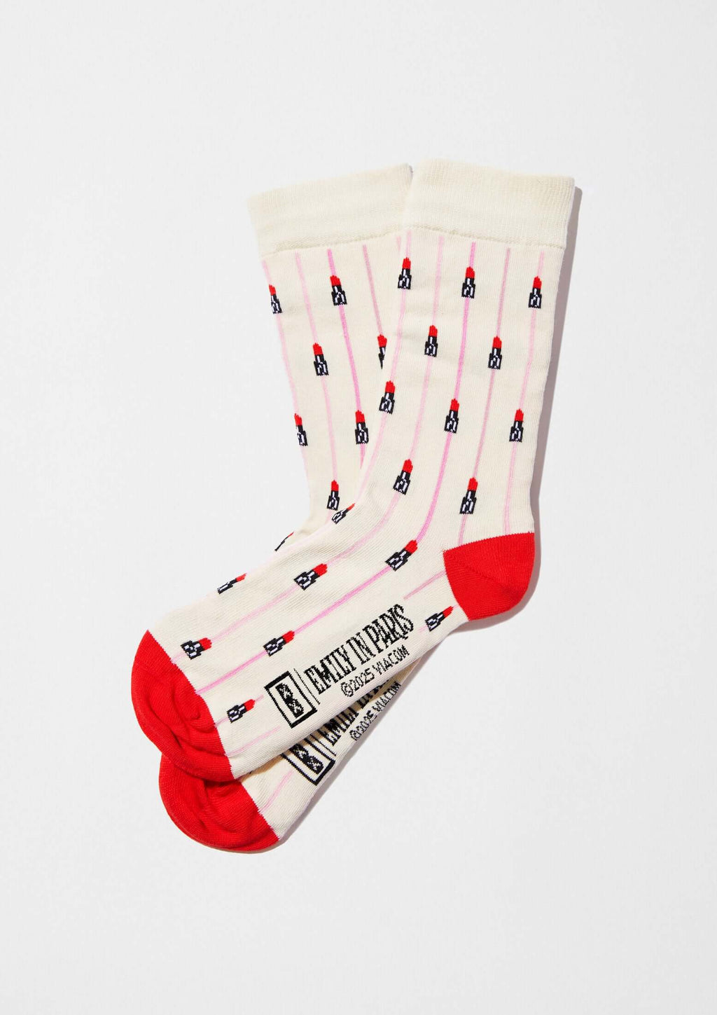 calcetines BeEmilyinParis Lipstick Beige con dibujos de pintalabios y detalles en rojo, ideales para cualquier estilo.