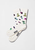 Calcetines originales BeBlackHole con dibujos de escaleras y toboganes sobre fondo off white.
