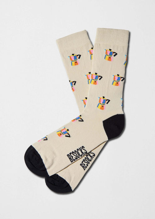 Calcetines BeMokapot con patrón de cafeteras en colores rosa, azul, naranja y amarillo - BESOCKS