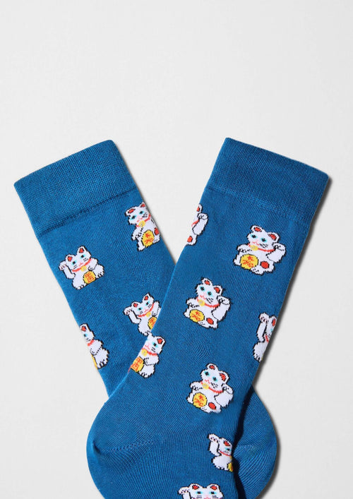 Gatos de la suerte maneki-neko sobre fondo azul petróleo - BeJapan Lucky Cat - BESOCKS