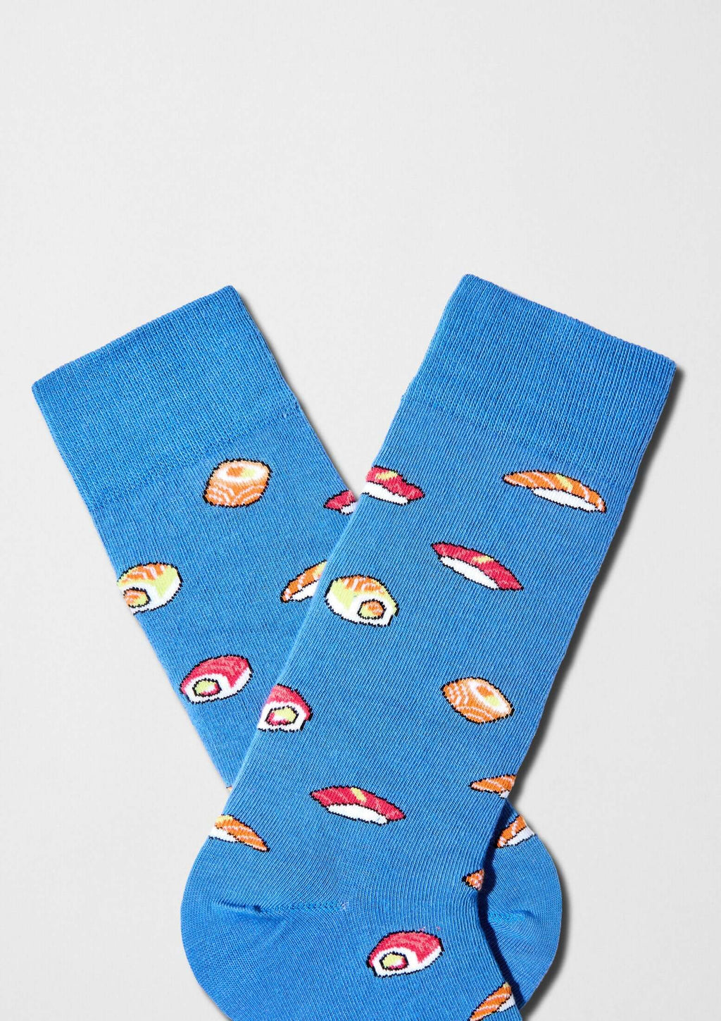 Patrón de sushi en tonos naranja y rosa sobre fondo azul - BeJapan Sushi - BESOCKS