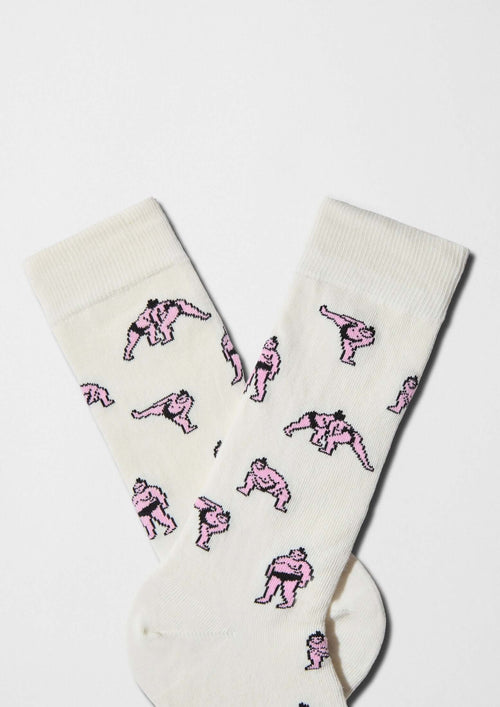 Calcetines BeJapan Sumo con diseño de luchadores de sumo en rosa sobre fondo off-white - BESOCKS