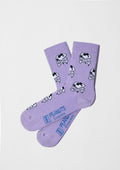Calcetines altos BeSnoopy Skull Mauve con dibujos de Snoopy sobre fondo malva y detalles en negro, de algodón orgánico.