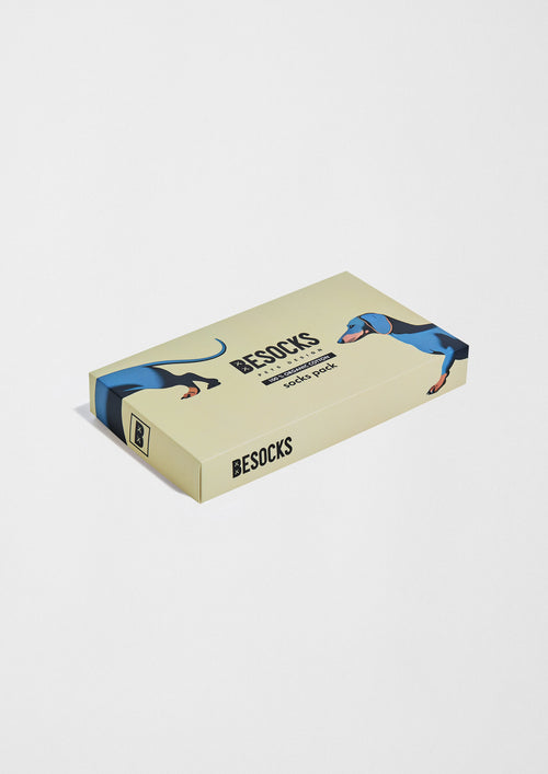 Pack Pets de BESOCKS en caja ilustrada con diseño de perro teckel en fondo camel.