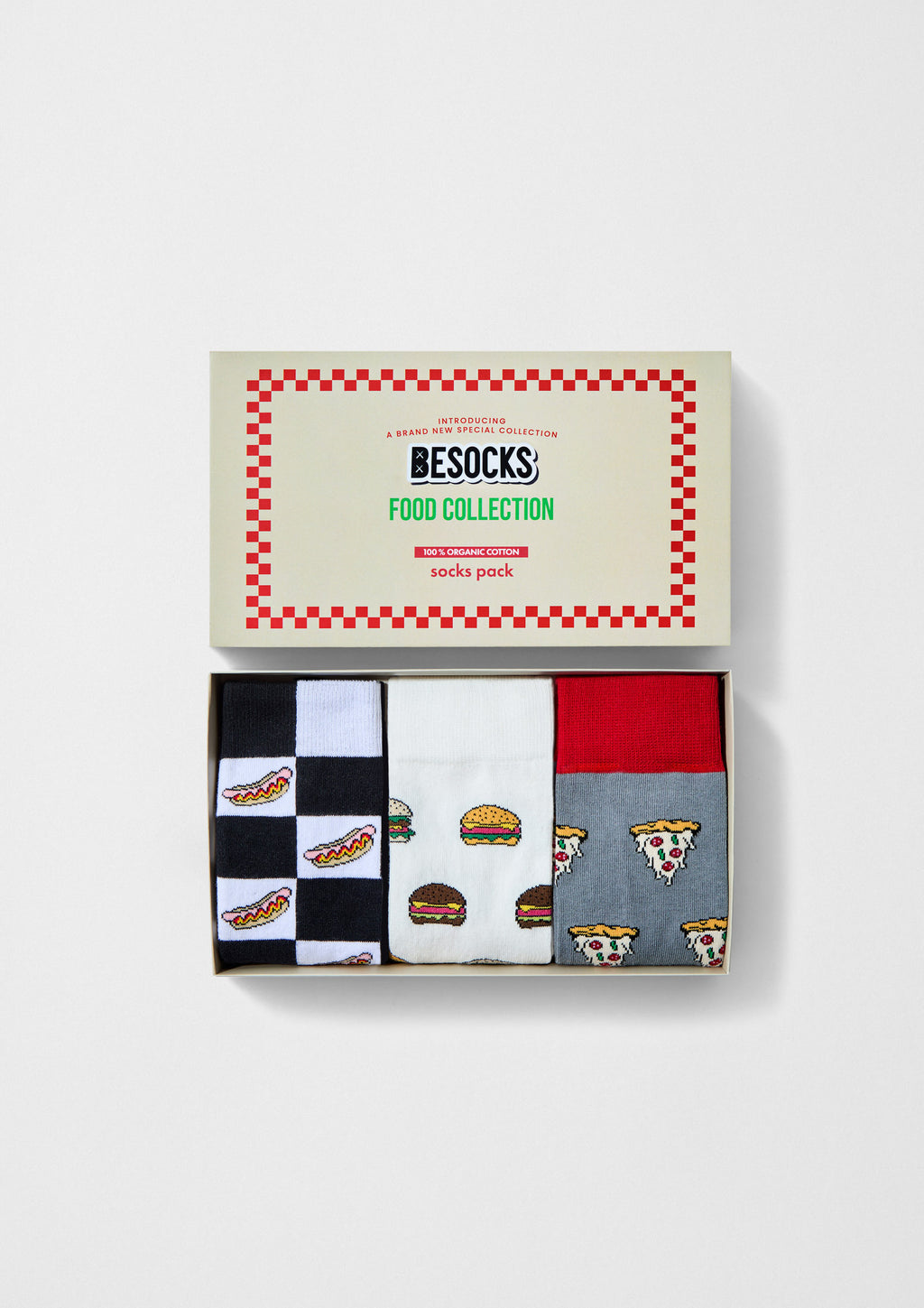 Pack Food de BESOCKS con calcetines de hot dog, hamburguesa y pizza en caja temática de diner americano.