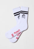 Calcetines altos BeSnoopy Skull&Heart de algodón orgánico con dibujos de Snoopy en fondo blanco y franjas negras.