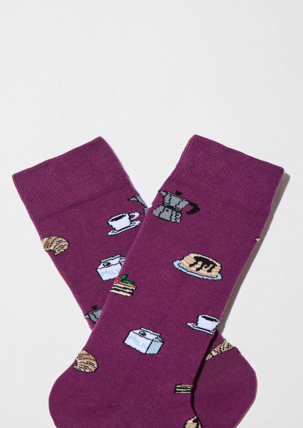 Calcetines BeSweetBreakfast Purple de algodón orgánico, morado con dibujos de brunch americano en tonos claros.