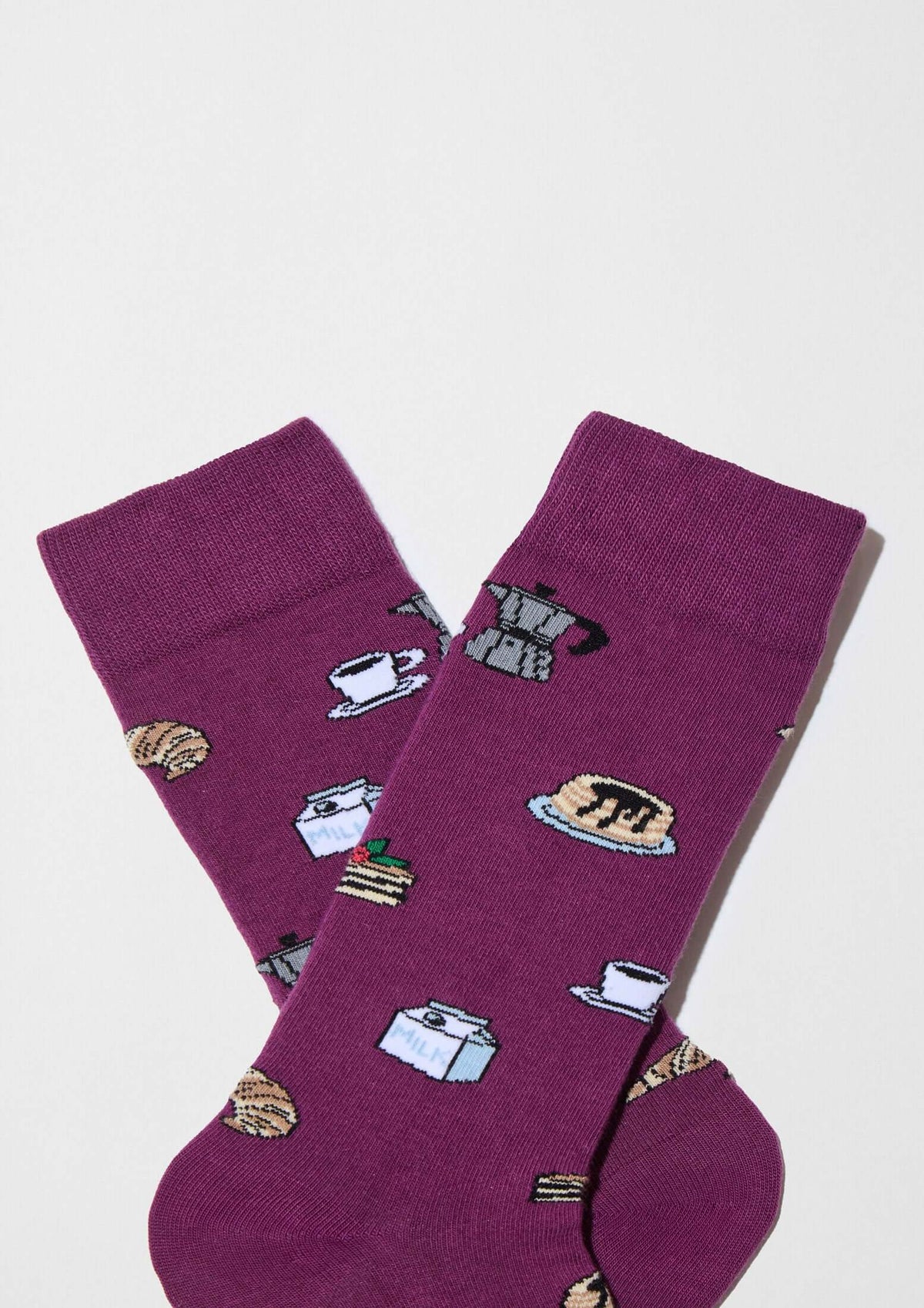 Calcetines BeSweetBreakfast Purple de algodón orgánico, morado con dibujos de brunch americano en tonos claros.
