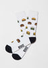 Calcetines BeBurger de algodón orgánico en blanco con dibujos de hamburguesas en colores variados y detalles negros.