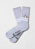 Calcetines altos BeSnoopy Stripes Grey con dibujos de Snoopy y Woodstock sobre fondo gris y franjas blancas.