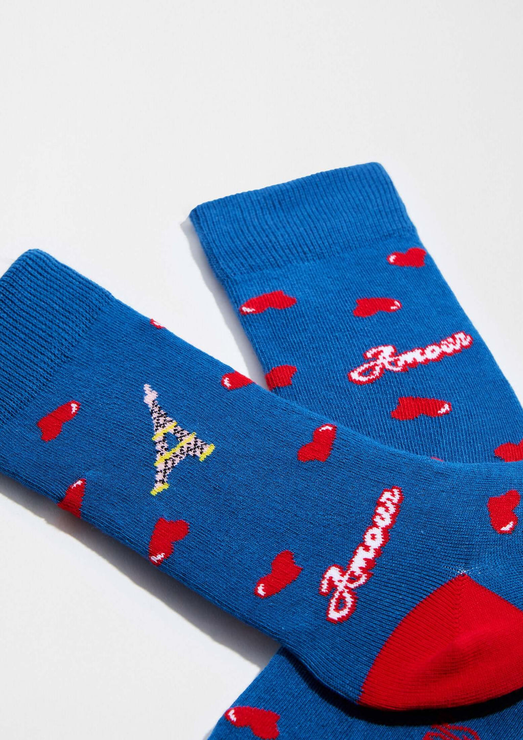 Calcetines BeEmilyinParis Amour de mujer en azul con corazones rojos y torre Eiffel, calcetines con dibujos.