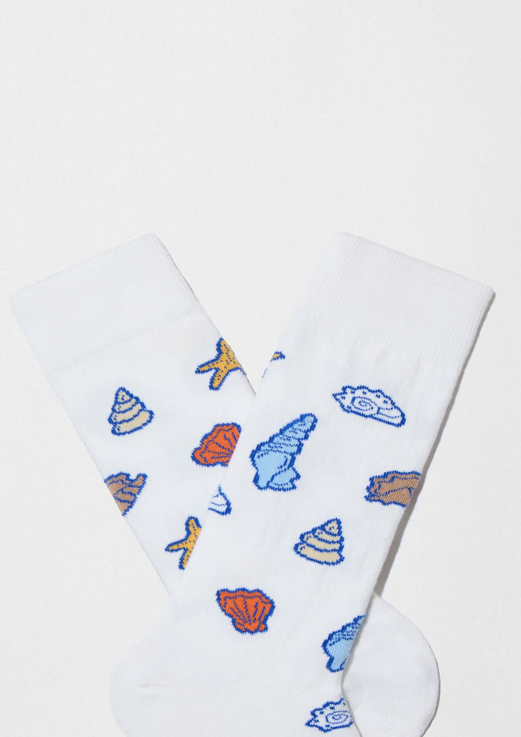 BeOcean White: calcetines con dibujos de conchas marinas en blanco, utilizando azul, naranja y marrón. Originales y en algodón orgánico.