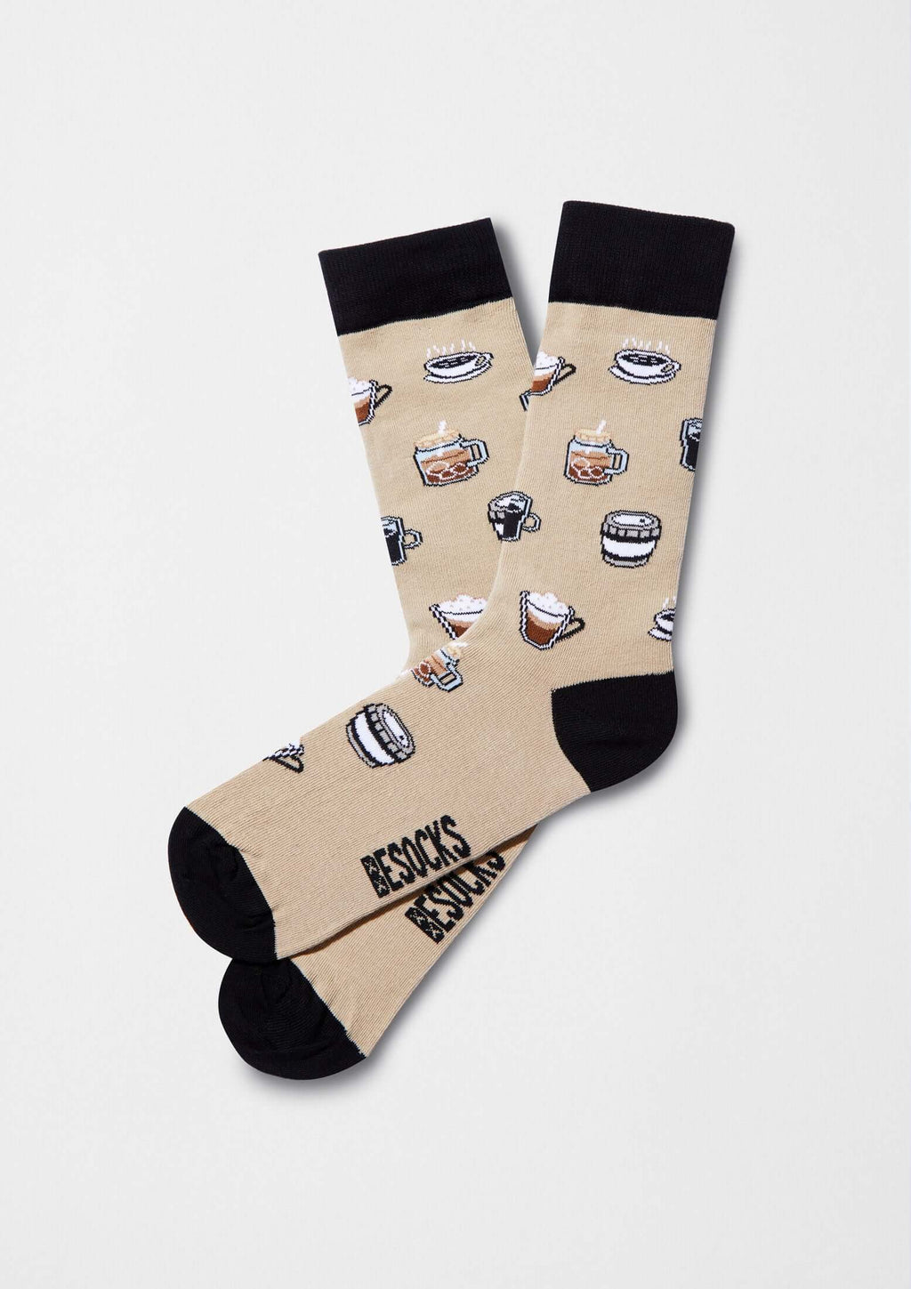 Calcetines originales BeCoffee Beige con dibujos de tazas de café en estilo pixel art sobre fondo beige.