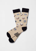 Calcetines originales BeCoffee Beige con dibujos de tazas de café en estilo pixel art sobre fondo beige.