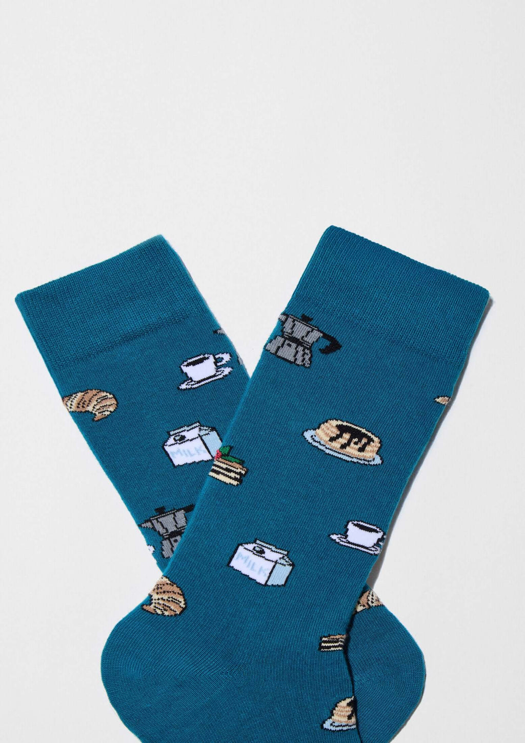 Calcetines BeSweetBreakfast Green en azul verdoso con dibujos de brunch americano, galletas y café en colores variados.