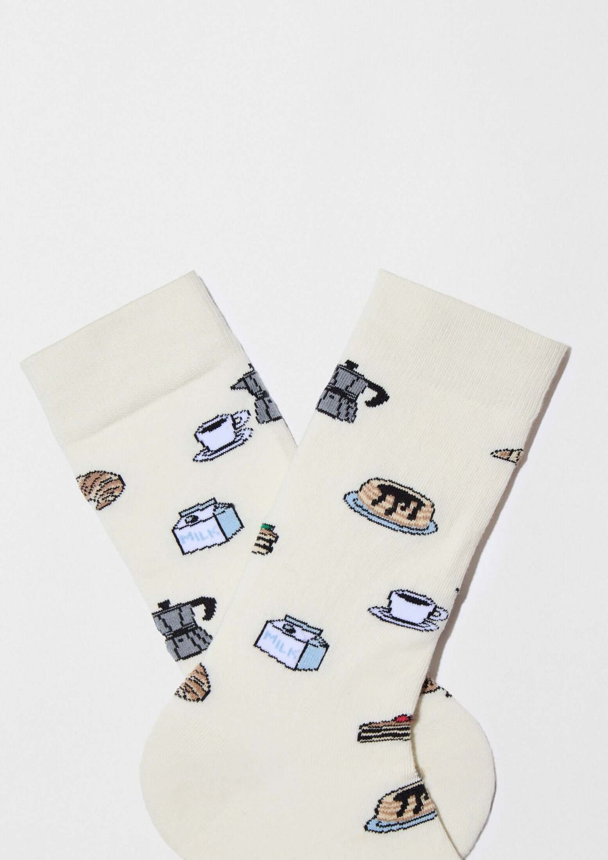 Calcetines BeSweetBreakfast Off White con dibujos de brunch en color off white y detalles en negro y azul.