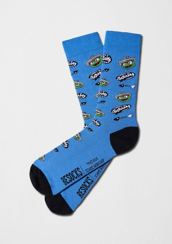 Diseño de la cara de Oscar el Gruñón y bocadillos de texto en azul - BeSesameStreet Grouch - BESOCKS