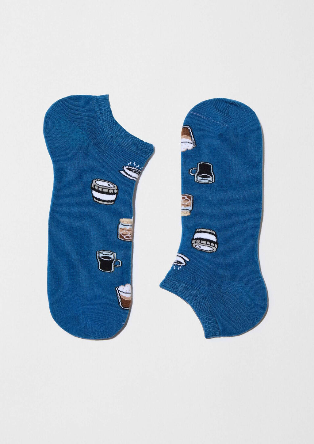 Calcetines tobilleros BeCoffee Blue Ankle de color azul con patrón de tazas y variedades de café