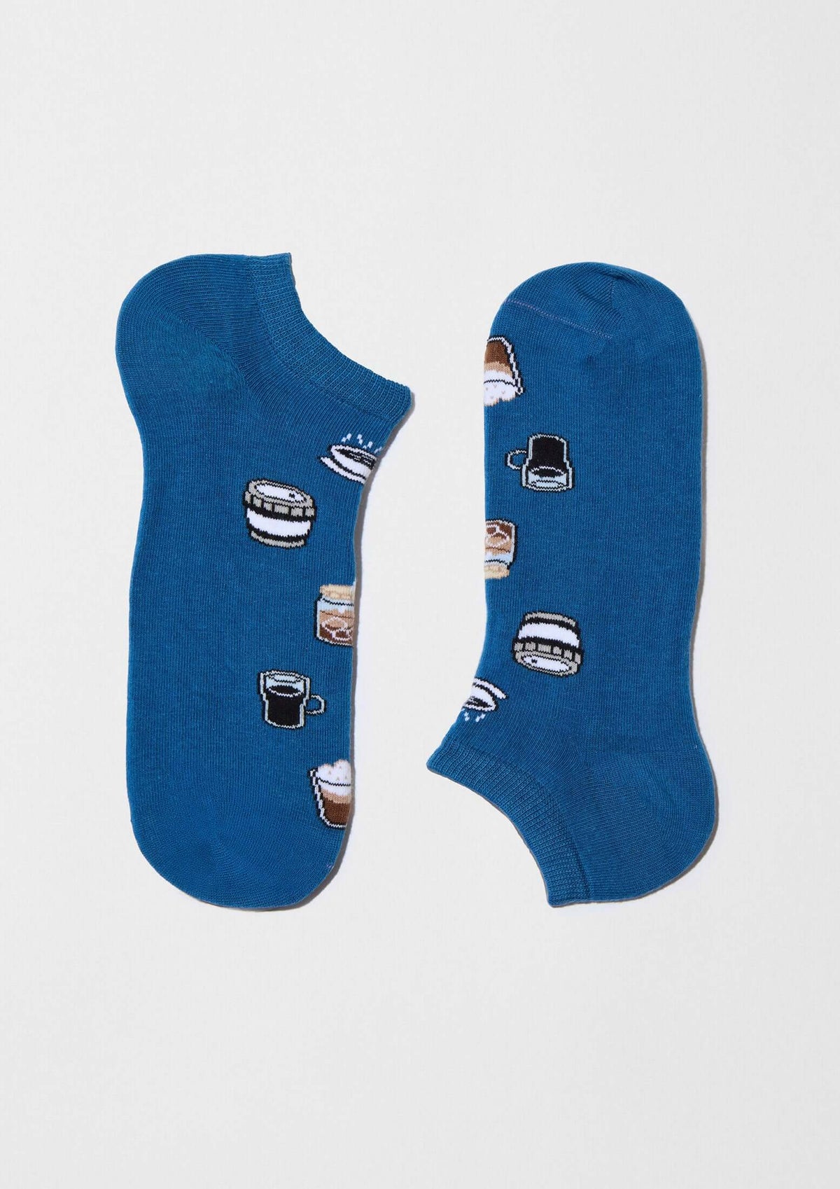 Calcetines tobilleros BeCoffee Blue Ankle de color azul con patrón de tazas y variedades de café