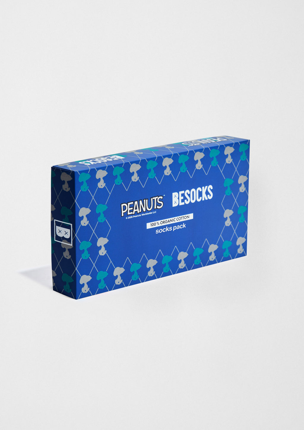Pack Peanuts Diamonds de calcetines BeSnoopy con diseño argyle y presentación en caja de la colaboración Peanuts x BESOCKS.