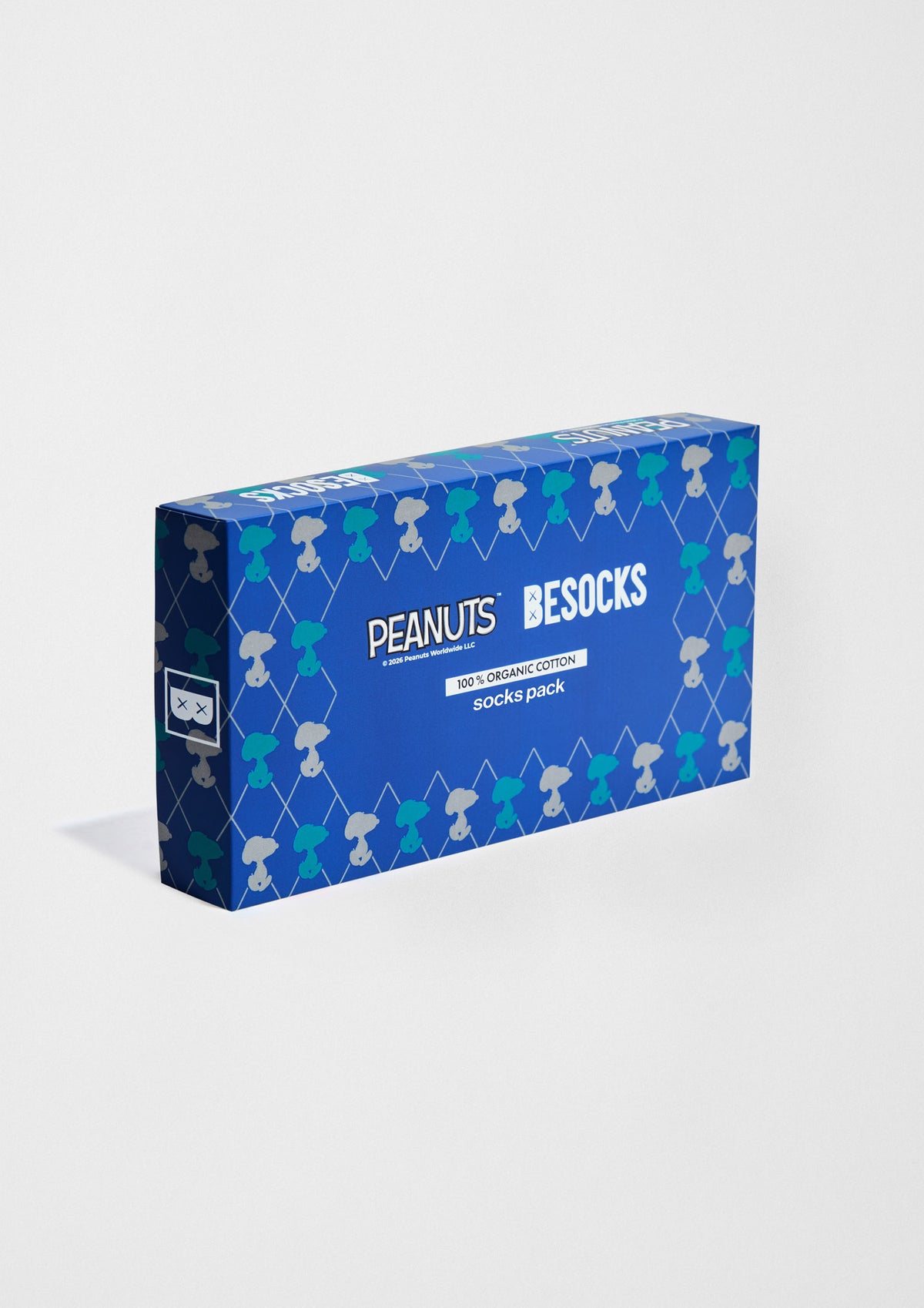 Pack Peanuts Diamonds de calcetines BeSnoopy con diseño argyle y presentación en caja de la colaboración Peanuts x BESOCKS.