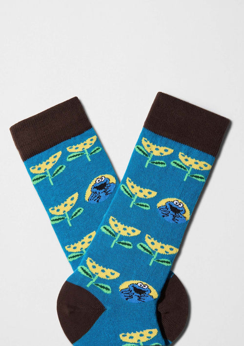 Calcetines con flores amarillas y Triki en azul - BeSesameStreet Cookie Monster Flower - BESOCKS