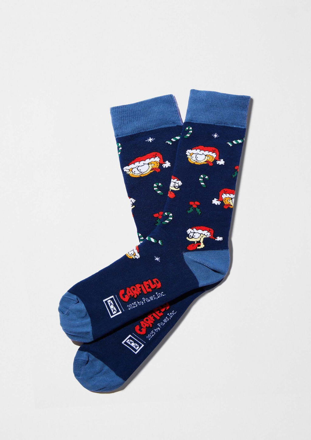 Calcetines BeGarfield Santa en azul marino con estampado de Garfield con gorro navideño y detalles en azul claro.