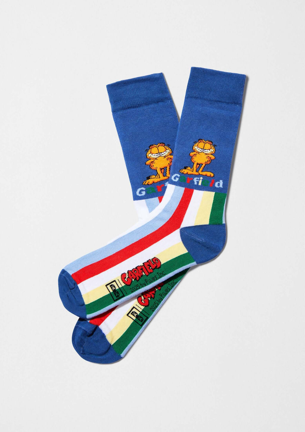 Calcetines BeGarfield Stripes Blue con Garfield en azul y franjas horizontales en rojo, amarillo, verde y azul claro.