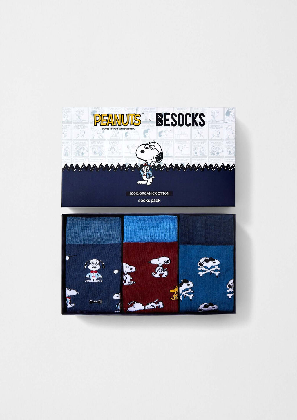 Pack Peanuts de BESOCKS, conjunto de calcetines con dibujos de Snoopy en caja ilustrada de algodón orgánico.