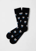 Calcetines BeOwl negros con dibujo de búhos en tonos azules, tobilleros y diseño original.