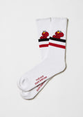 Calcetines BeSesameStreet Elmo White en blanco con dibujo de Elmo y franjas rojas y negras, altura media caña.