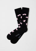 Calcetines BePig negros con dibujos de cerdos rosas en diferentes posturas, modelo tobillero.