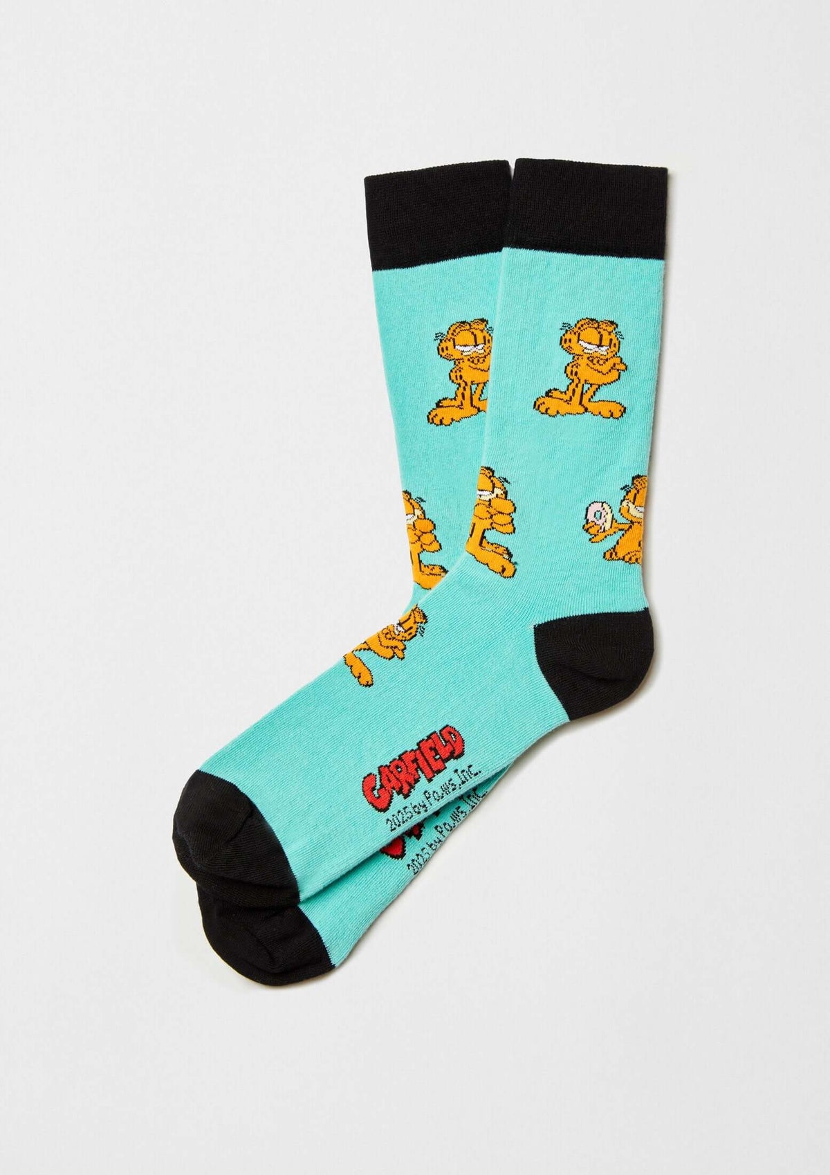 Calcetines BeGarfield Poses en azul turquesa con dibujos de Garfield, altura media caña, base negra.