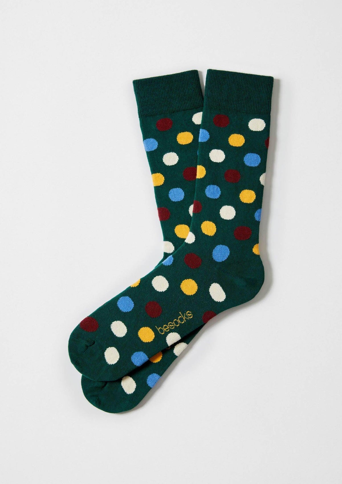 BePolkadots Multicolor calcetines altos de algodón verde con grandes puntos de colores variados.